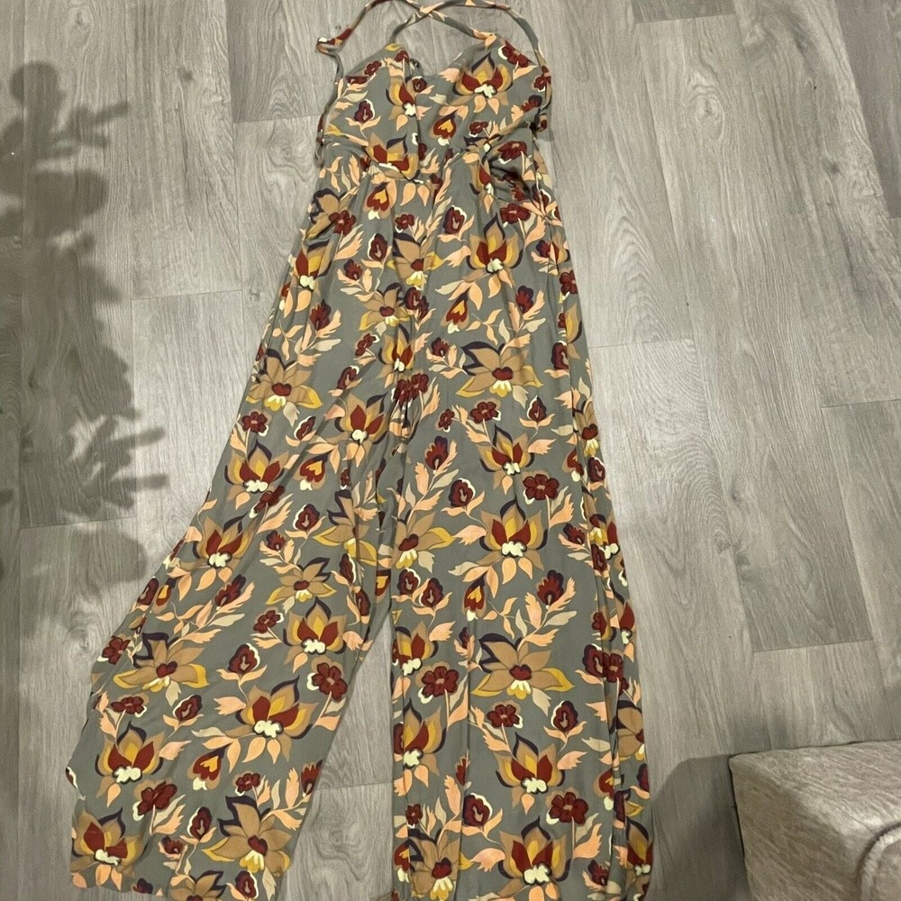 Free People jumpsuit Multicolored Floral Open Back Pocket Wide Leg Boho Size 10